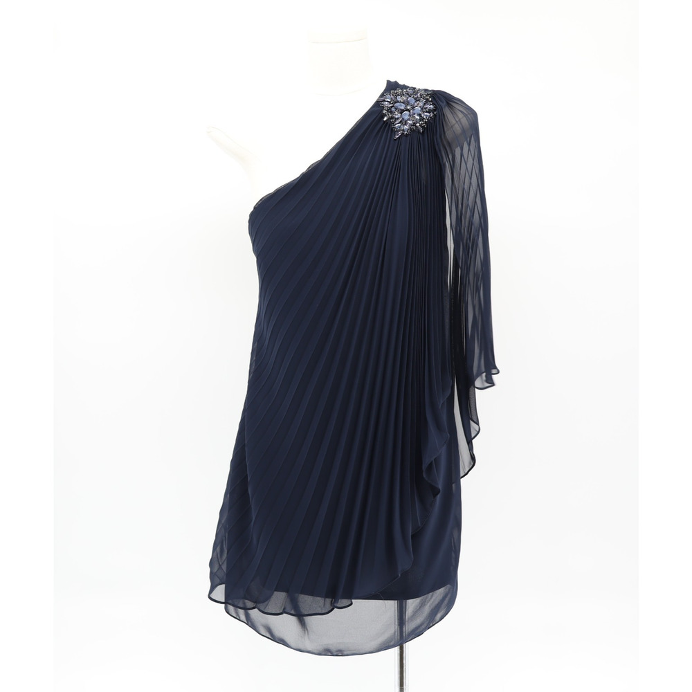 Xscape Sz 6 One Shoulder Pleated Bejeweled Lined Sheer Mini Dress Navy - Picture 2 of 6